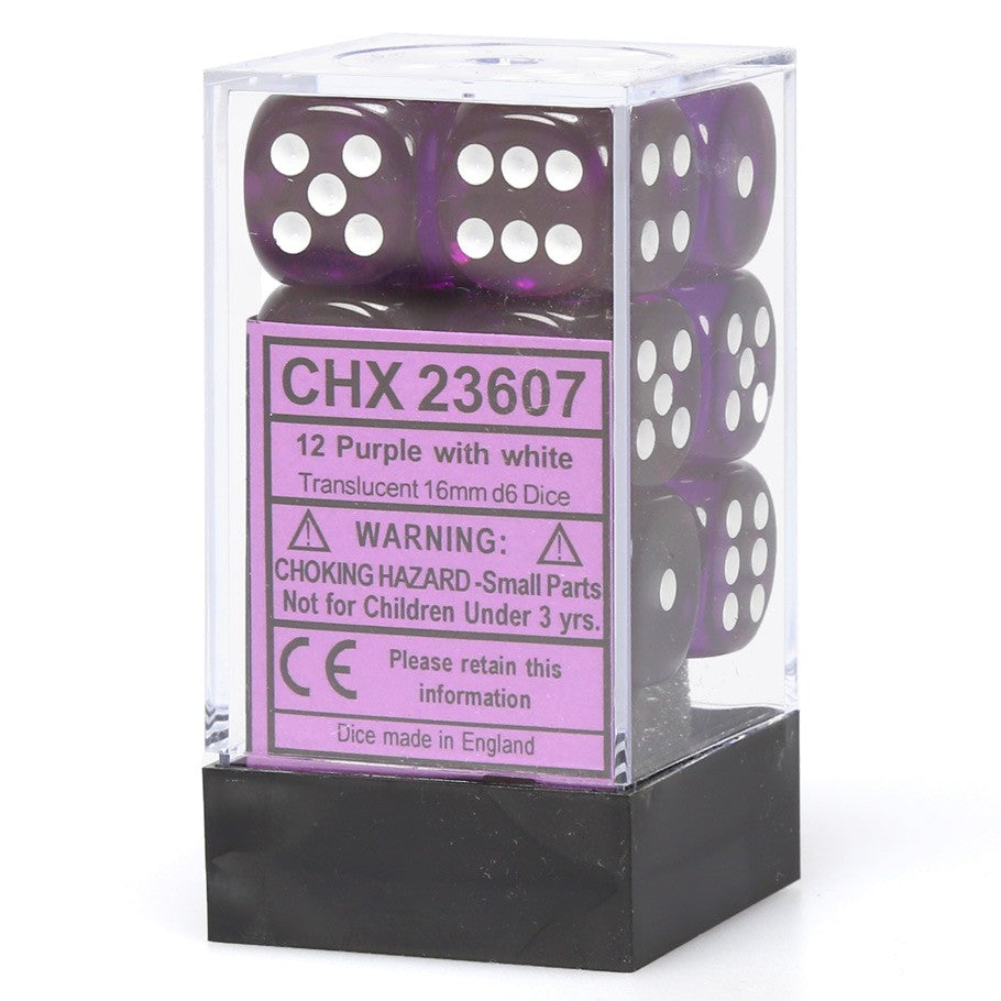Chessex Purple Translucent 16 mm with White Numbers D6 Dice Block (12 dice)