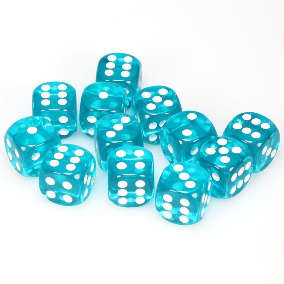 Copy of Chessex Teal Translucent 16 mm with White Numbers D6 Dice Block (12 dice)