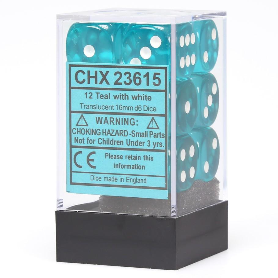 Copy of Chessex Teal Translucent 16 mm with White Numbers D6 Dice Block (12 dice) in box