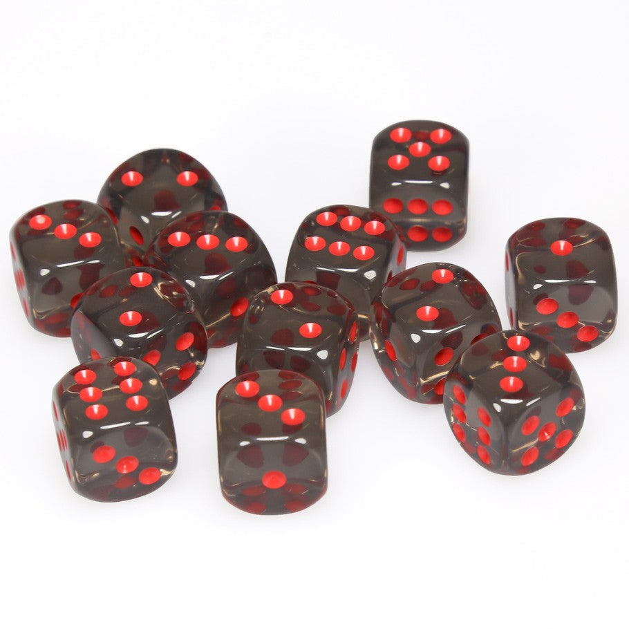 Chessex Smoke Translucent 16 mm with Red Numbers D6 Dice Block (12 dice) content