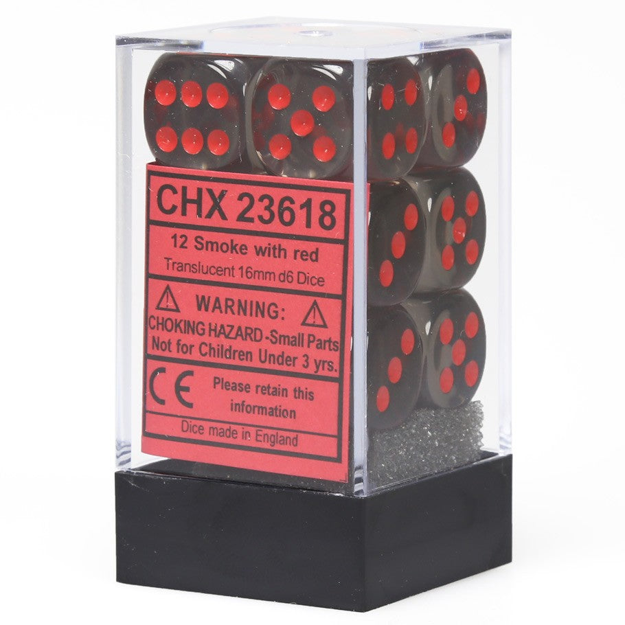 Chessex Smoke Translucent 16 mm with Red Numbers D6 Dice Block (12 dice)