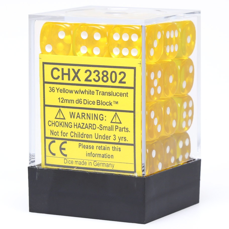 Chessex Translucent Yellow with White Numbers 12 mm Dice Block (36 dice)