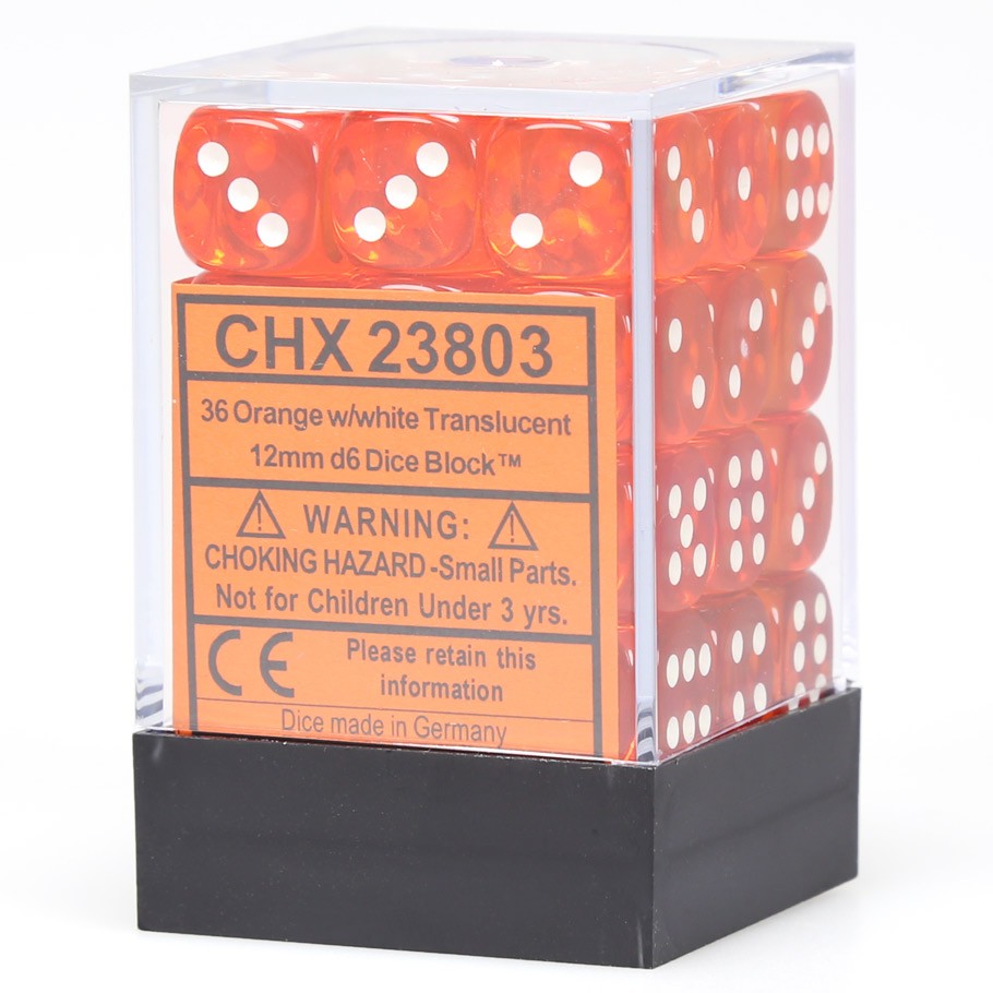 Chessex Translucent Orange with White Numbers 12 mm Dice Block (36 dice)