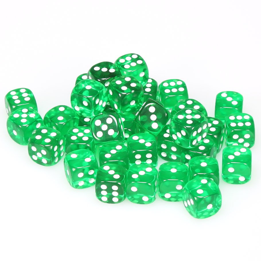 Chessex Translucent Green with White Numbers 12 mm Dice Block (36 dice)