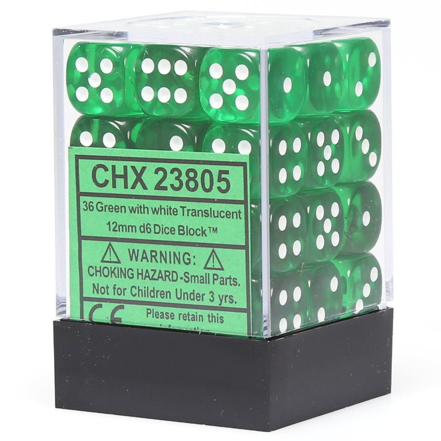 Chessex Translucent Green with White Numbers 12 mm Dice Block (36 dice)