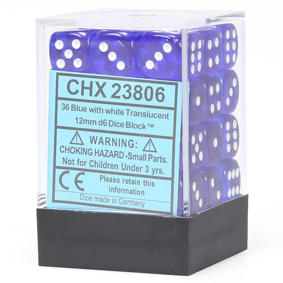 Chessex Translucent Blue with White Numbers 12 mm Dice Block (36 dice)