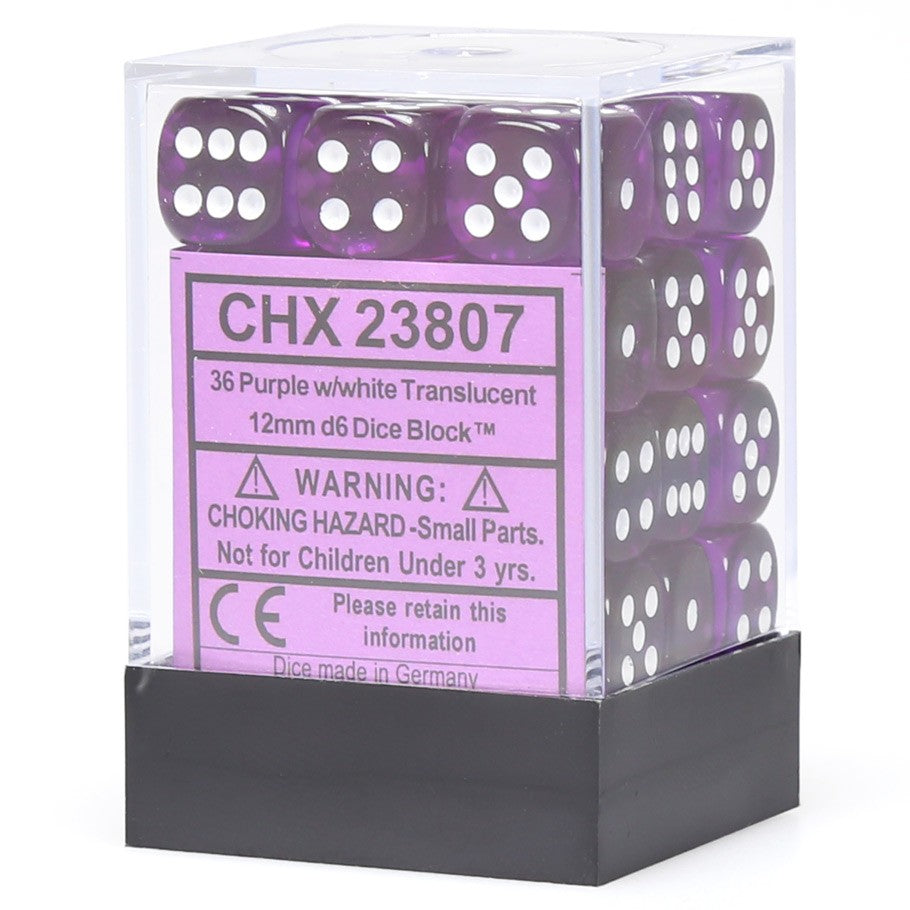 Chessex Translucent Purple with White Numbers 12 mm Dice Block (36 dice)