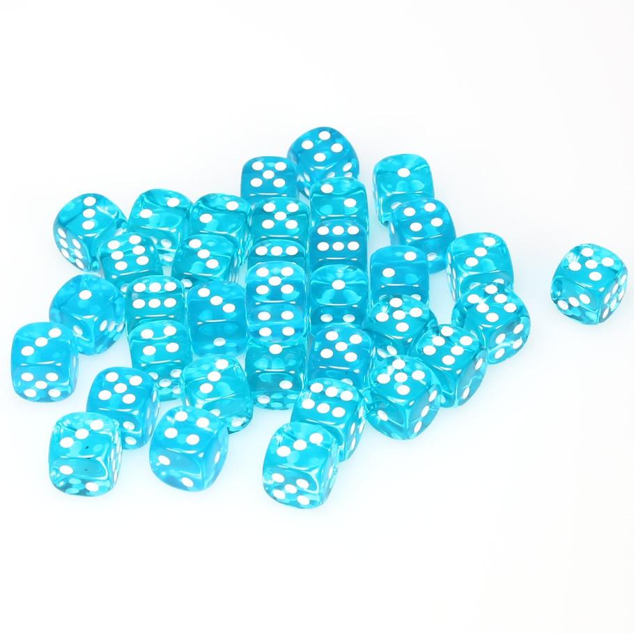 Chessex Translucent Teal with White Numbers 12 mm Dice Block (36 dice)