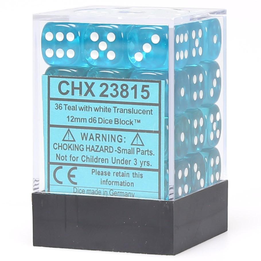 Chessex Translucent Teal with White Numbers 12 mm Dice Block (36 dice) in box