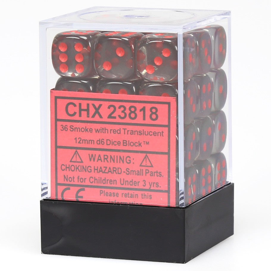 Chessex Translucent Smoke with Red Numbers 12 mm Dice Block (36 dice)
