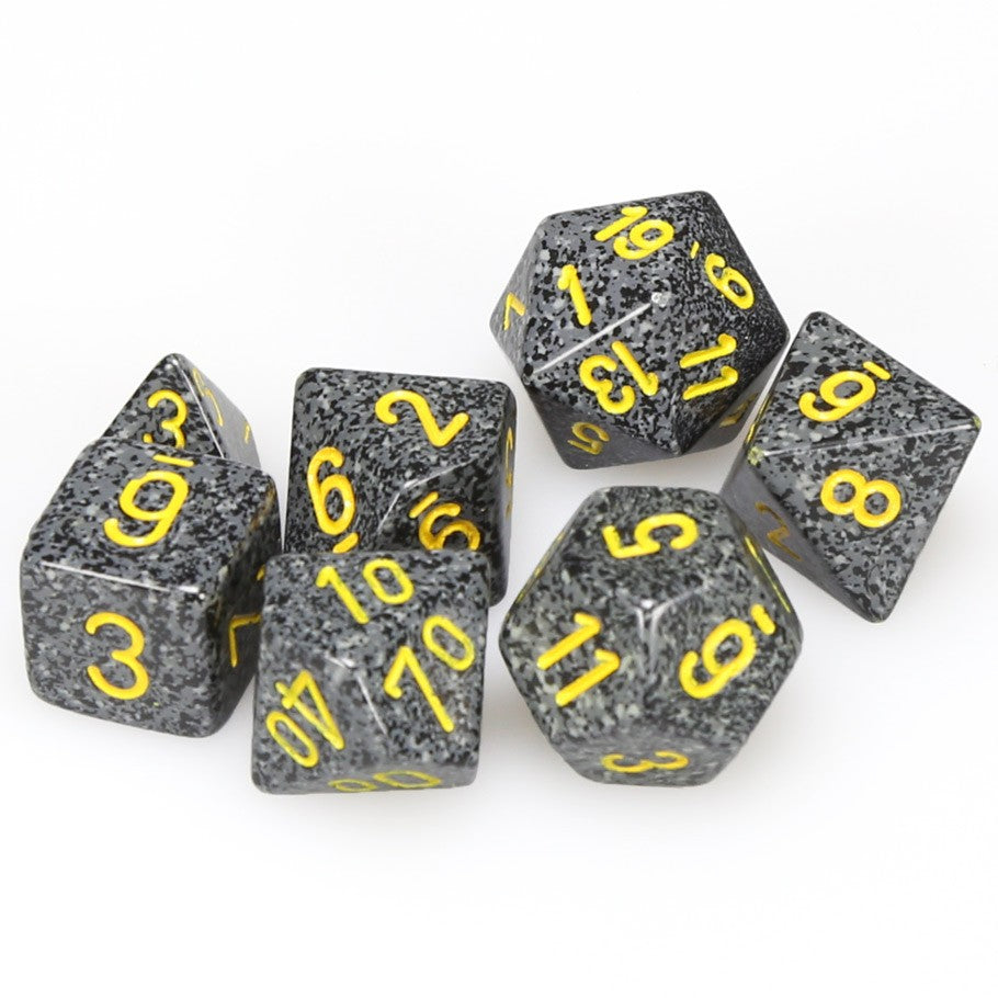 Chessex Polyhedral Speckled Urban Camo Dice with Yellow numbers - Set of 7 content