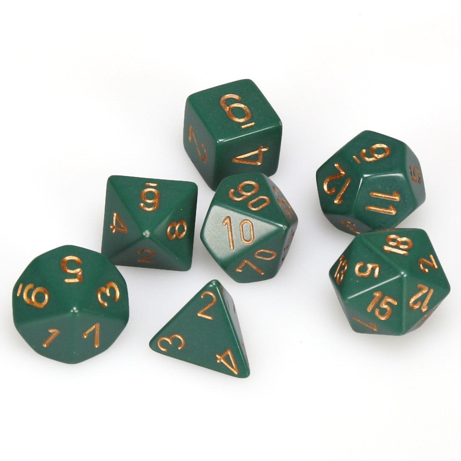 Chessex Dusty Green Opaque Polyhedral Dice with Copper Numbers - Set of 7