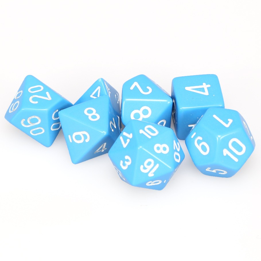 Chessex Light Blue Opaque Polyhedral Dice with White Numbers - Set of 7