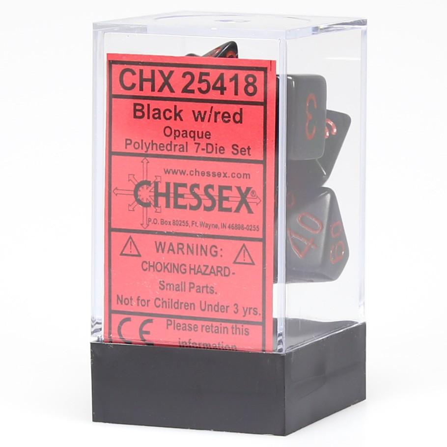 Chessex Black Opaque Polyhedral Dice with Red Numbers - Set of 7 in box