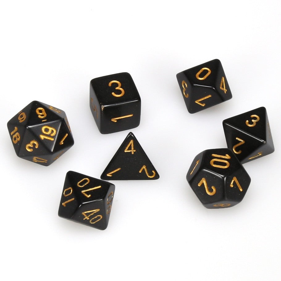 Chessex Black Opaque Polyhedral Dice with Gold Numbers - Set of 7