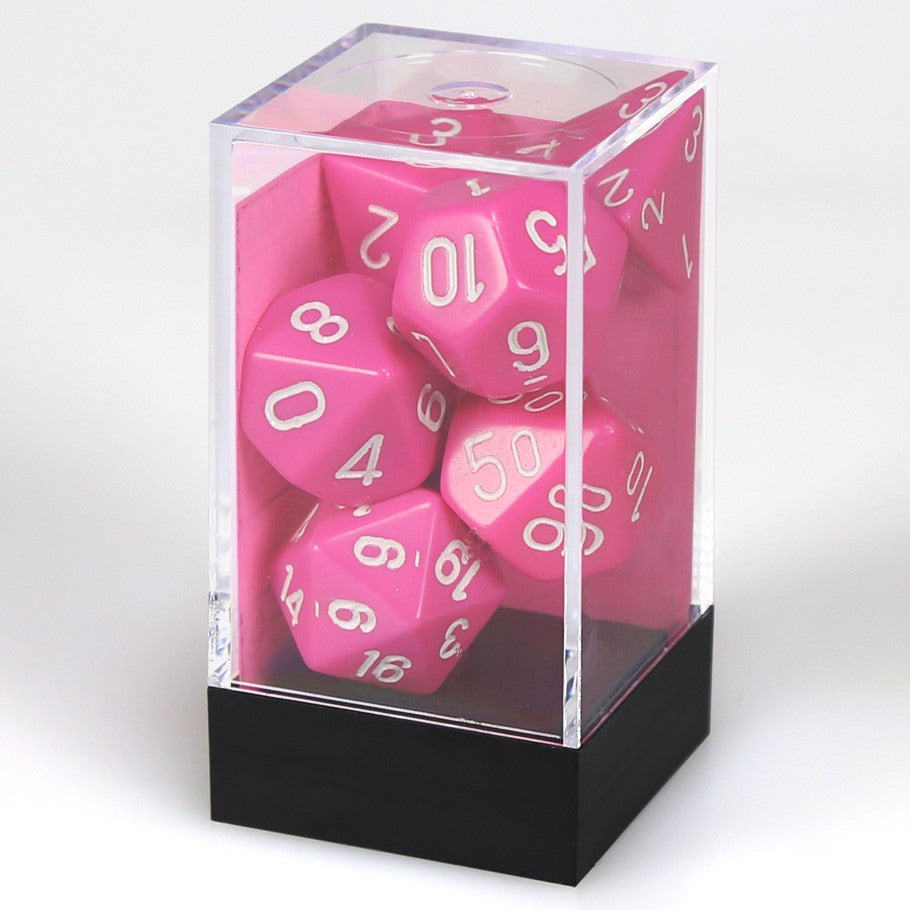 Chessex Pink Opaque Polyhedral Dice with White Numbers - Set of 7