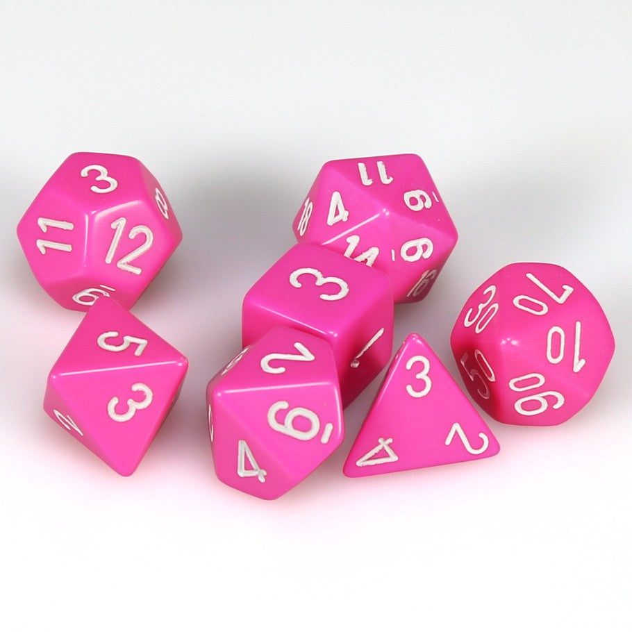 Chessex Pink Opaque Polyhedral Dice with White Numbers - Set of 7