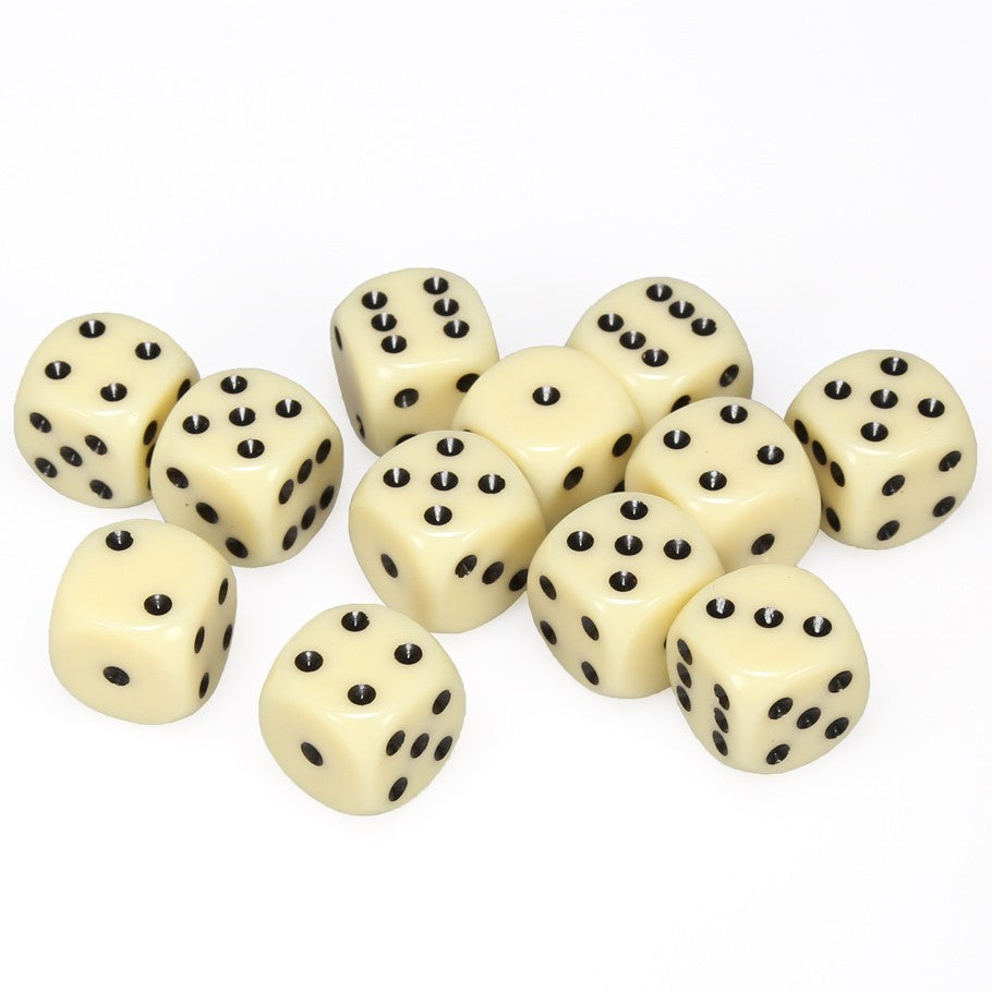 Chessex Ivory Opaque 16 mm with Black Numbers D6 Dice Block (12 dice)
