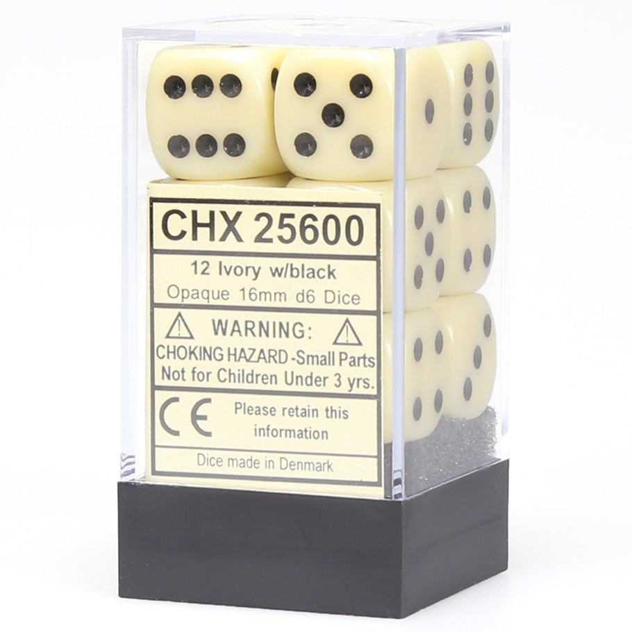 Chessex Ivory Opaque 16 mm with Black Numbers D6 Dice Block (12 dice)