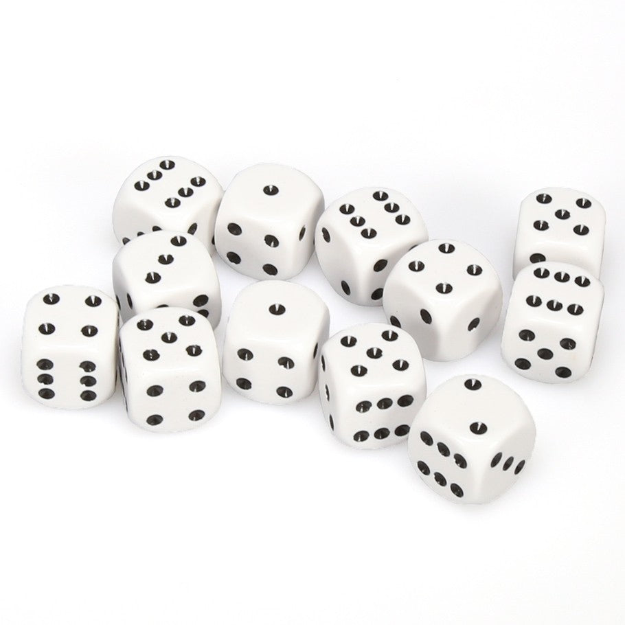 Chessex White Opaque 16 mm with Black Numbers D6 Dice Block (12 dice)