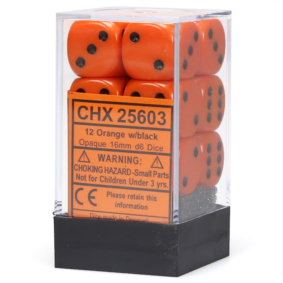 Chessex Orange Opaque 16 mm with Black Numbers D6 Dice Block (12 dice)