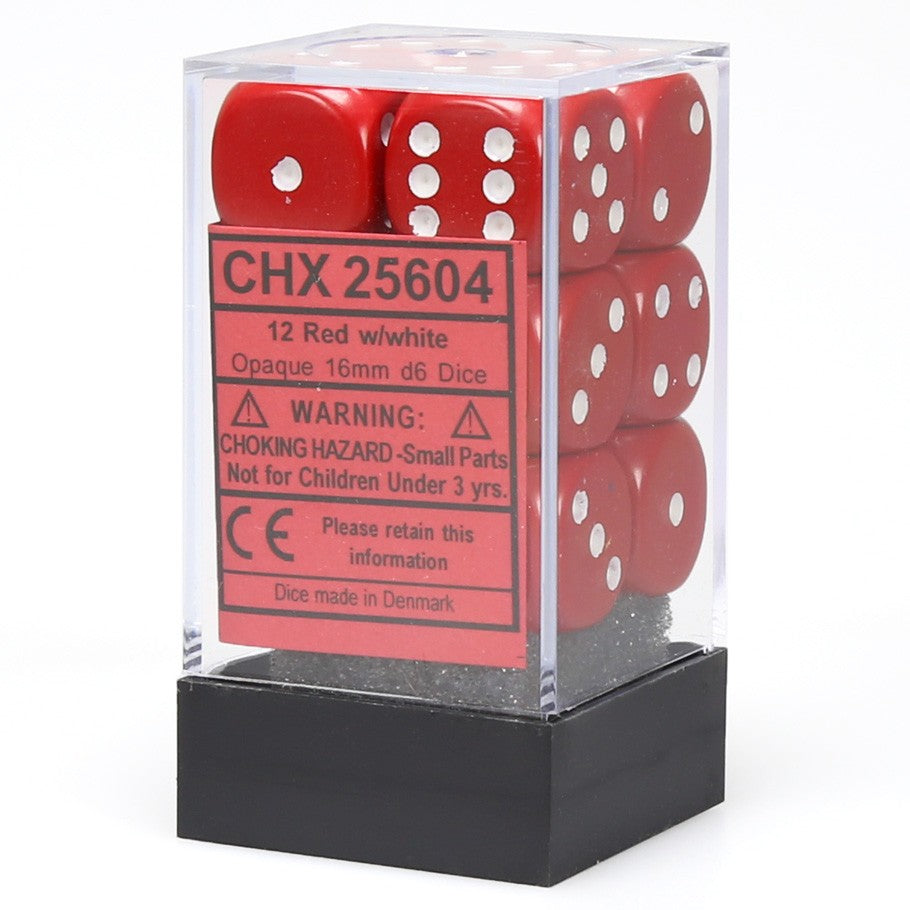 Chessex Red Opaque 16 mm with White Numbers D6 Dice Block (12 dice)
