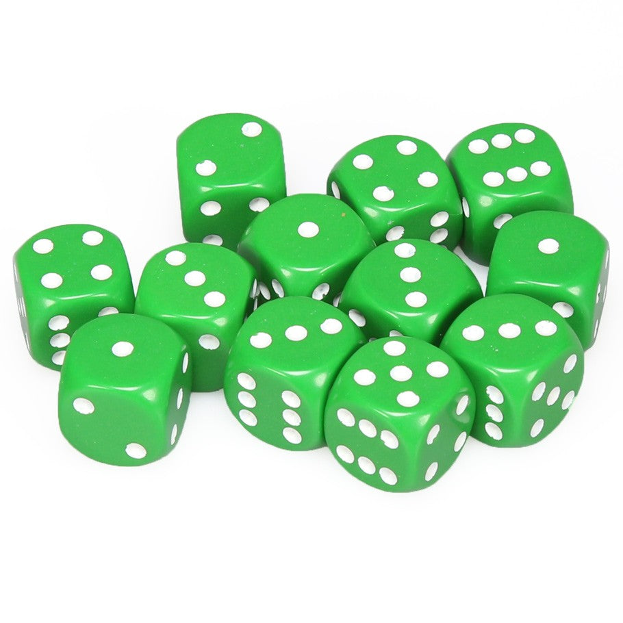 Chessex Green Opaque 16 mm with White Numbers D6 Dice Block (12 dice)