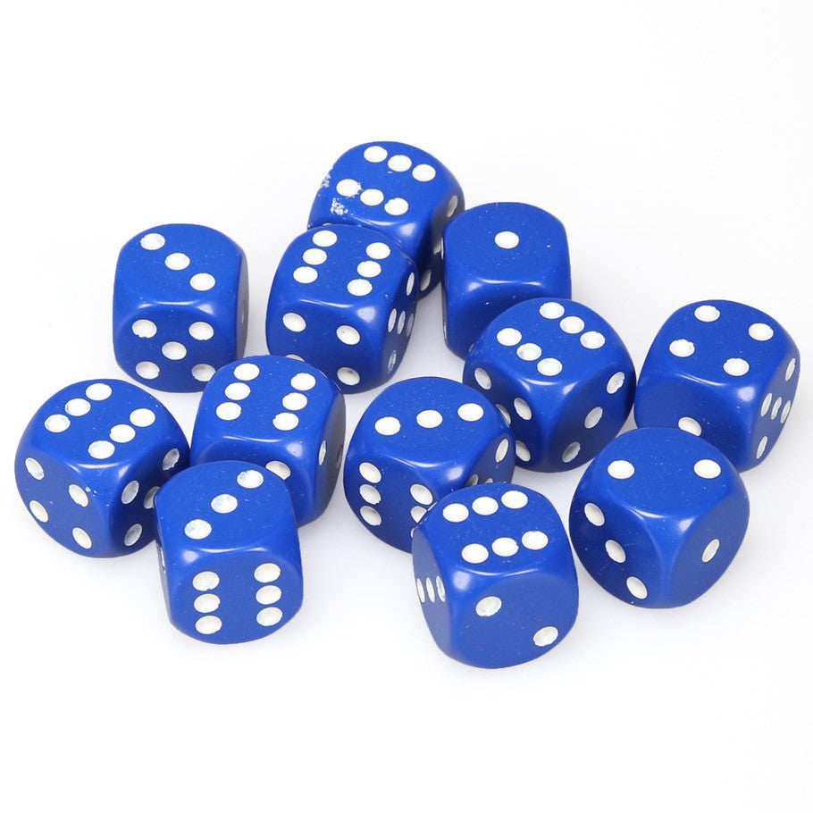 Chessex Blue Opaque 16 mm with White Numbers D6 Dice Block (12 dice)