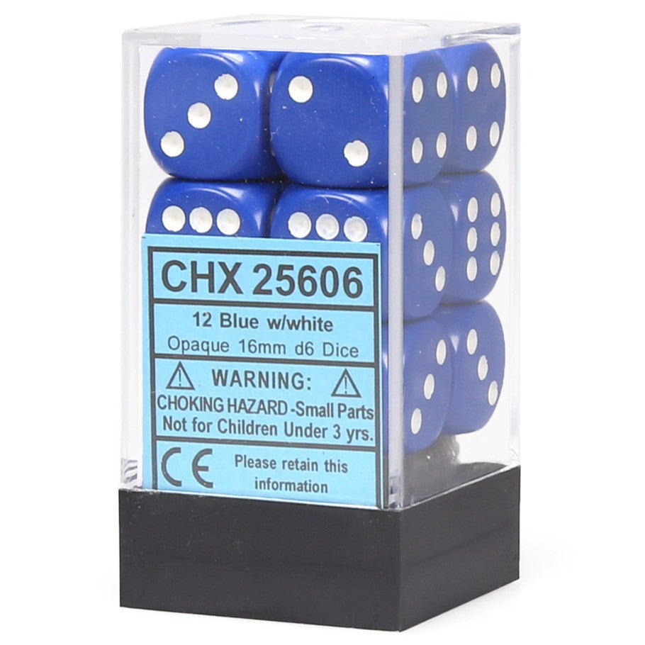 Chessex Blue Opaque 16 mm with White Numbers D6 Dice Block (12 dice)