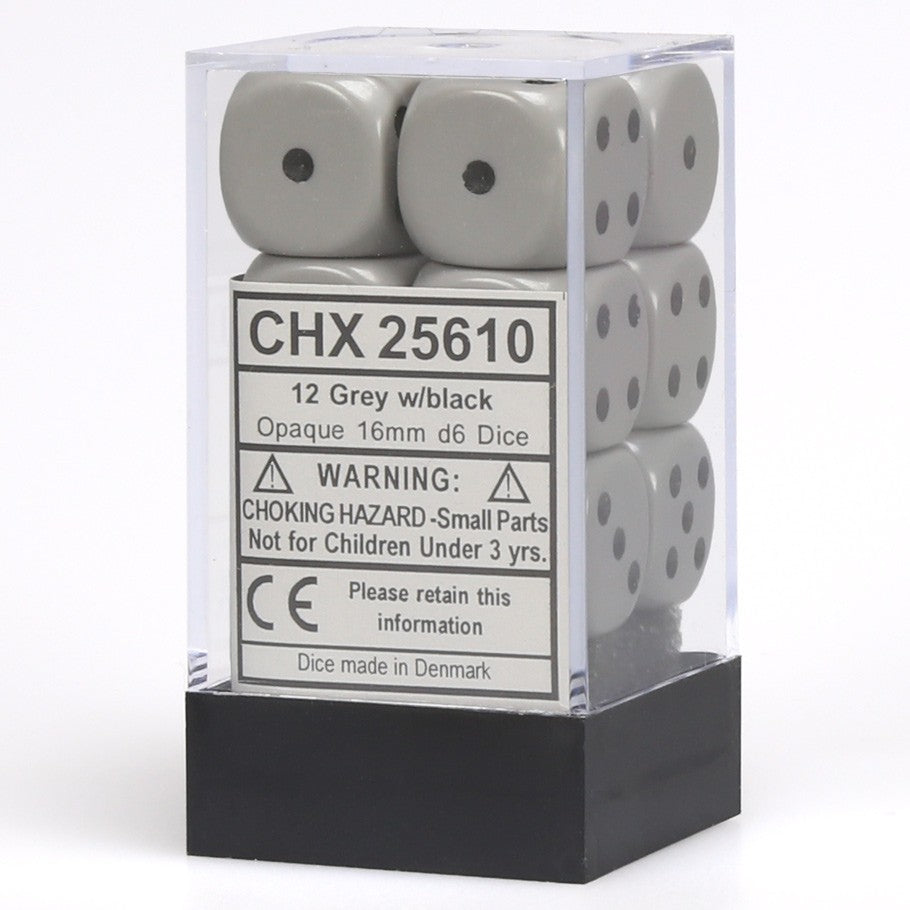 Chessex Grey Opaque 16 mm with Black Numbers D6 Dice Block (12 dice)