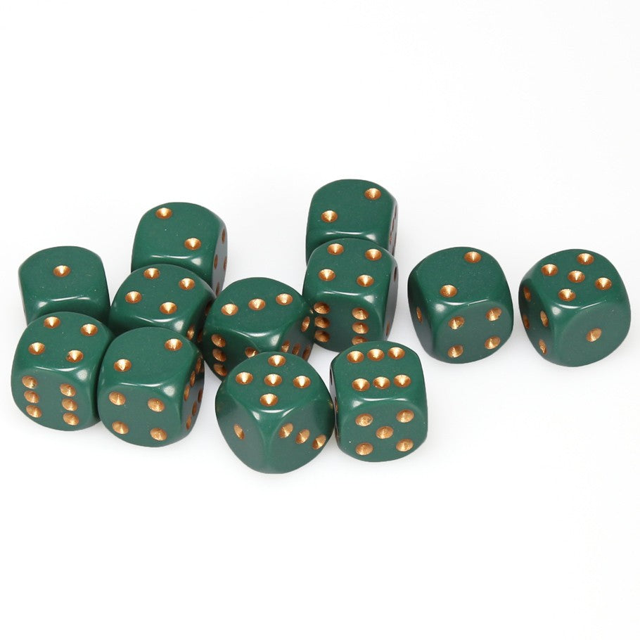 Chessex Dusty Green Opaque 16 mm with Copper Numbers D6 Dice Block (12 dice)