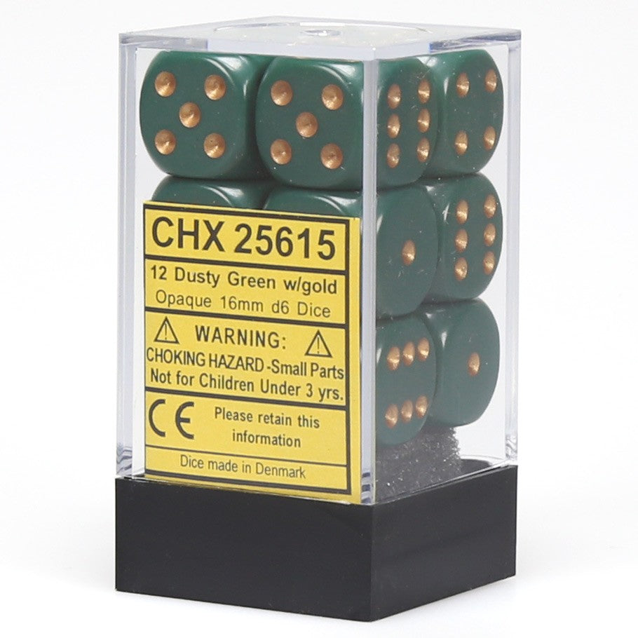 Chessex Dusty Green Opaque 16 mm with Copper Numbers D6 Dice Block (12 dice)