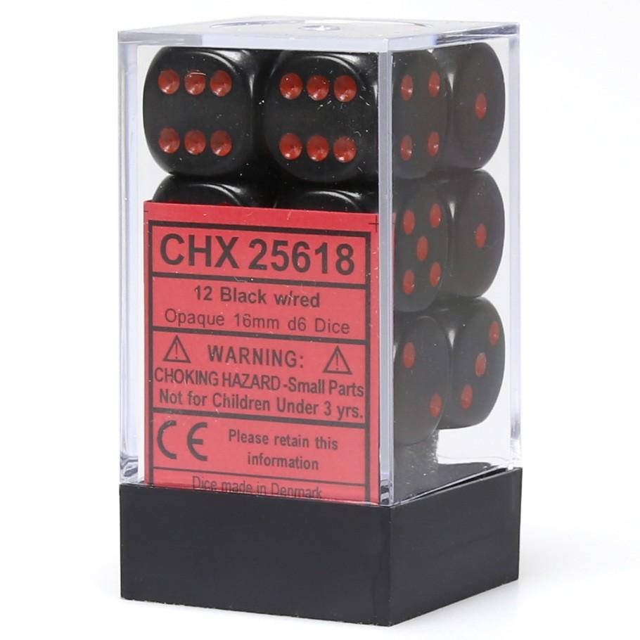 Chessex Black Opaque 16 mm with Red Numbers D6 Dice Block (12 dice) in box