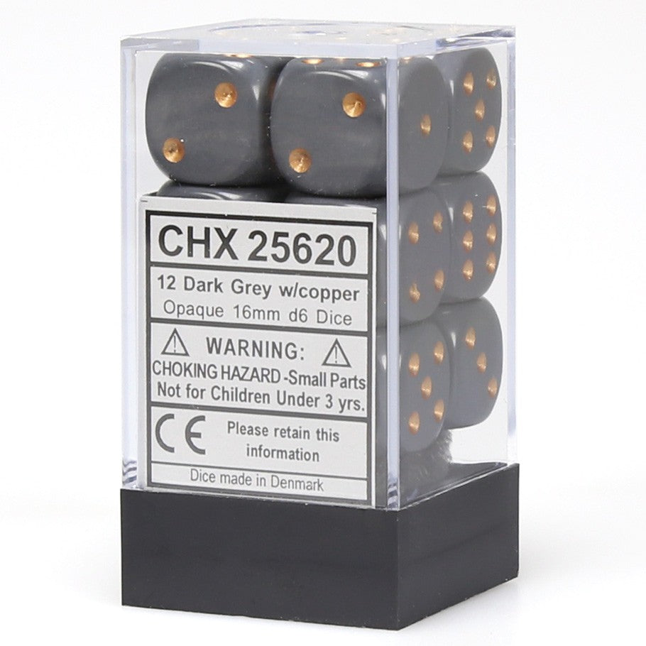 Chessex Dark Grey Opaque 16 mm with Copper Numbers D6 Dice Block (12 dice)