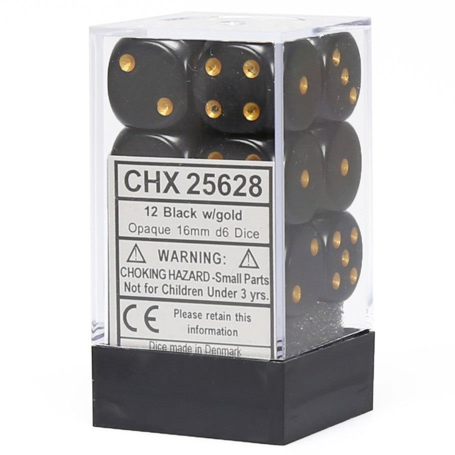 Chessex Black Opaque 16 mm with Gold Numbers D6 Dice Block (12 dice)