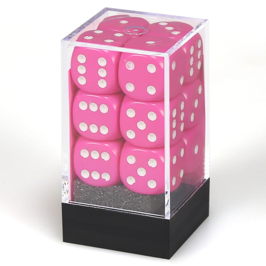 Chessex Pink Opaque 16 mm with White Numbers D6 Dice Block (12 dice)