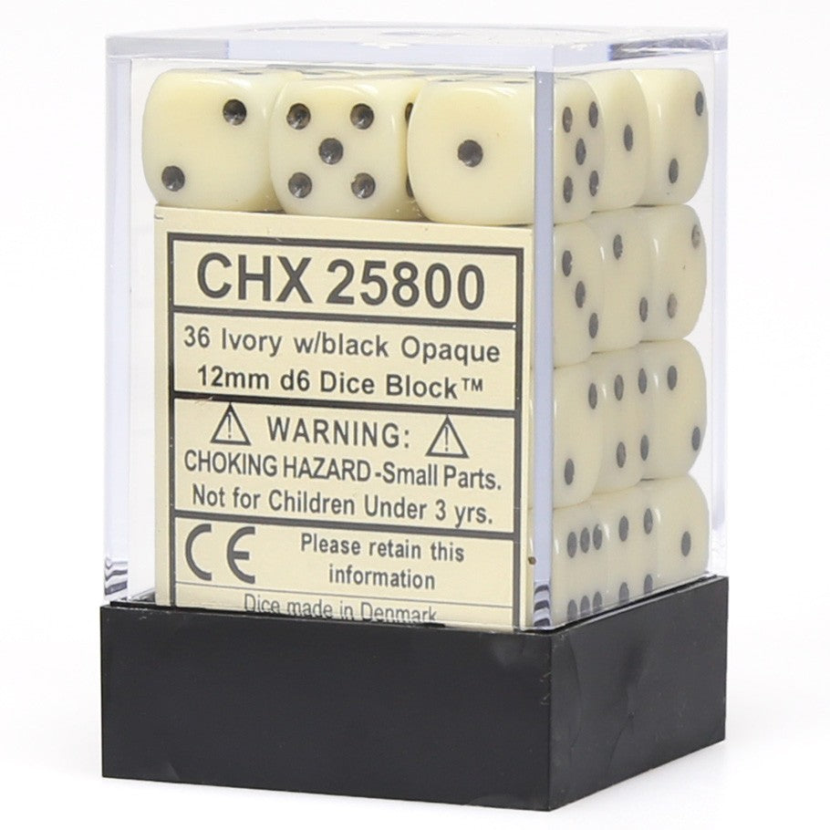 Chessex Opaque Ivory with Black Numbers 12 mm Dice Block (36 dice)