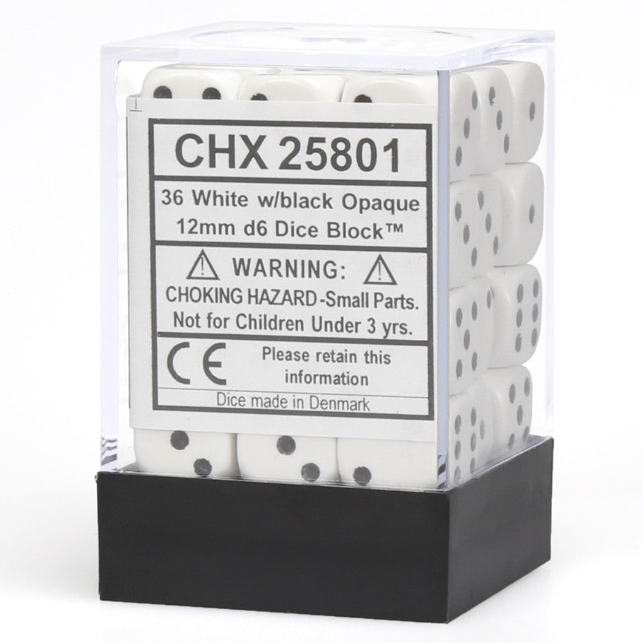 Chessex White Opaque 12 mm with Black Numbers D6 Dice Block (36 dice)
