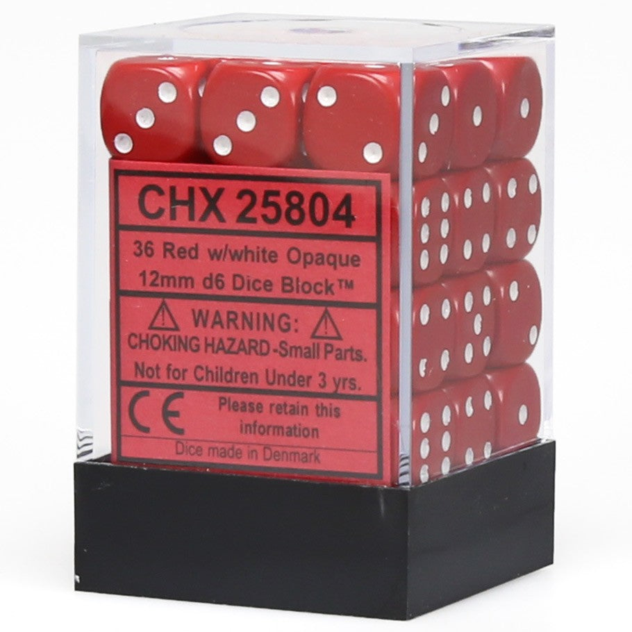 Chessex Opaque Red with White Numbers 12 mm Dice Block (36 dice)