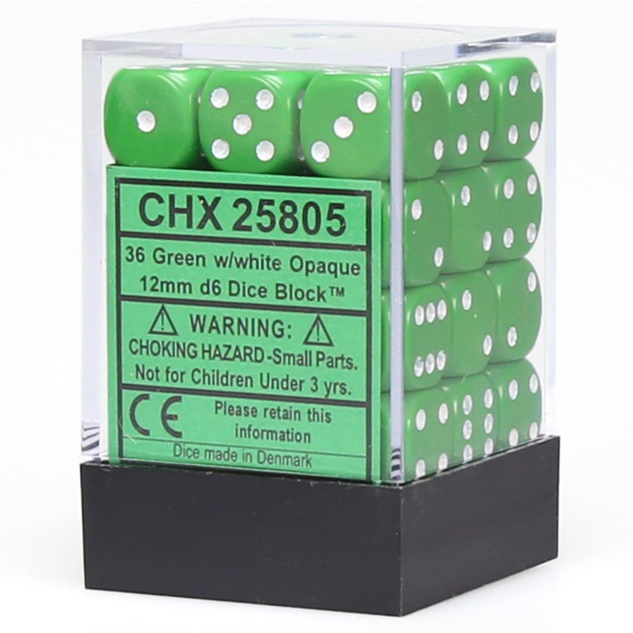 Chessex Green Opaque 12 mm with White Numbers D6 Dice Block (36 dice)