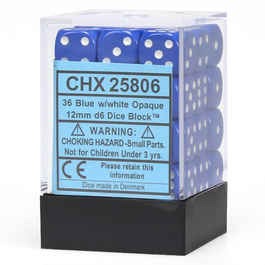 Chessex Blue Opaque 12 mm with White Numbers D6 Dice Block (36 dice)