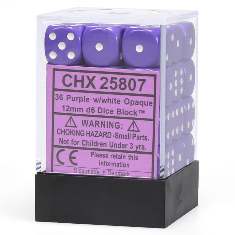 Chessex Purple Opaque 12 mm with White Numbers D6 Dice Block (36 dice)