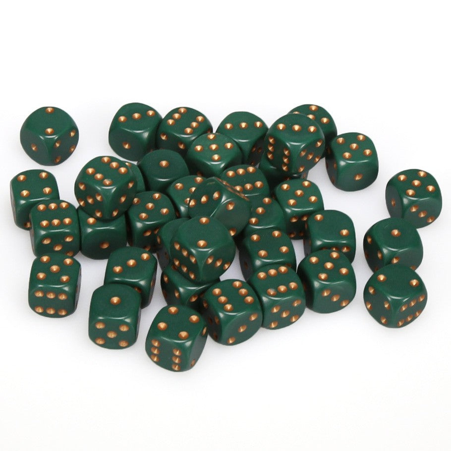 Chessex Dusty Green Opaque 12 mm with Copper Numbers D6 Dice Block (36 dice)