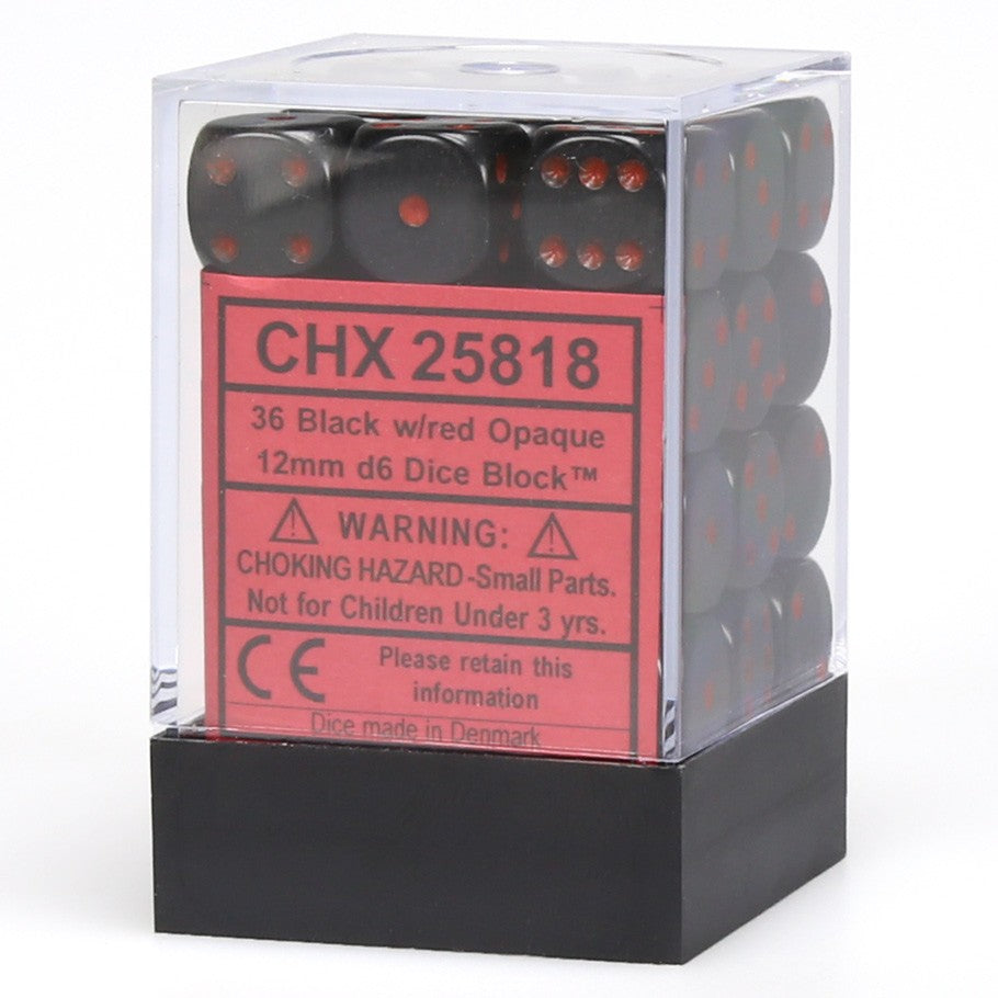 Chessex Opaque Black with Red Numbers 12 mm Dice Block (36 dice) in box