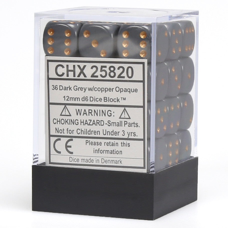 Chessex Opaque Dark Grey with Copper Numbers 12 mm Dice Block (36 dice)