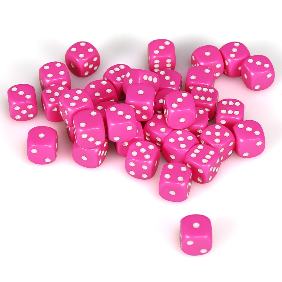 Chessex Pink Opaque 12 mm with White Numbers D6 Dice Block (36 dice)