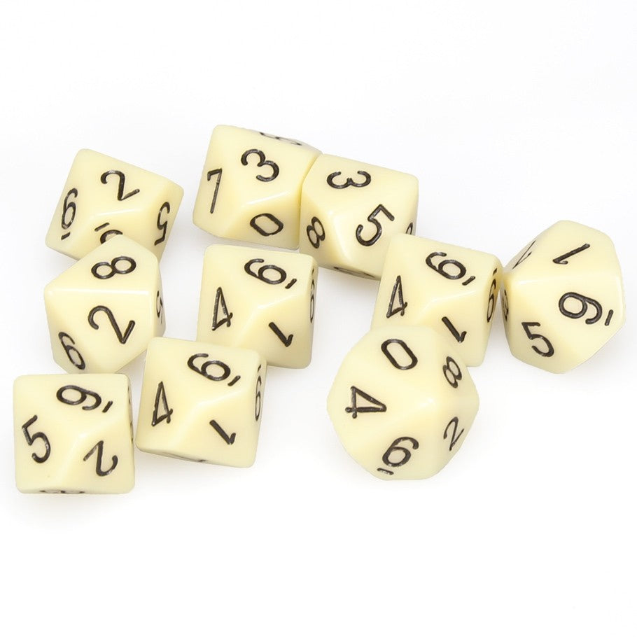 Chessex Ivory Opaque with Black Numbers d10 - Set of 10