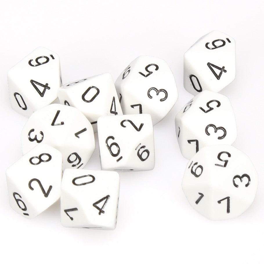 Chessex White Opaque with Black Numbers d10 - Set of 10