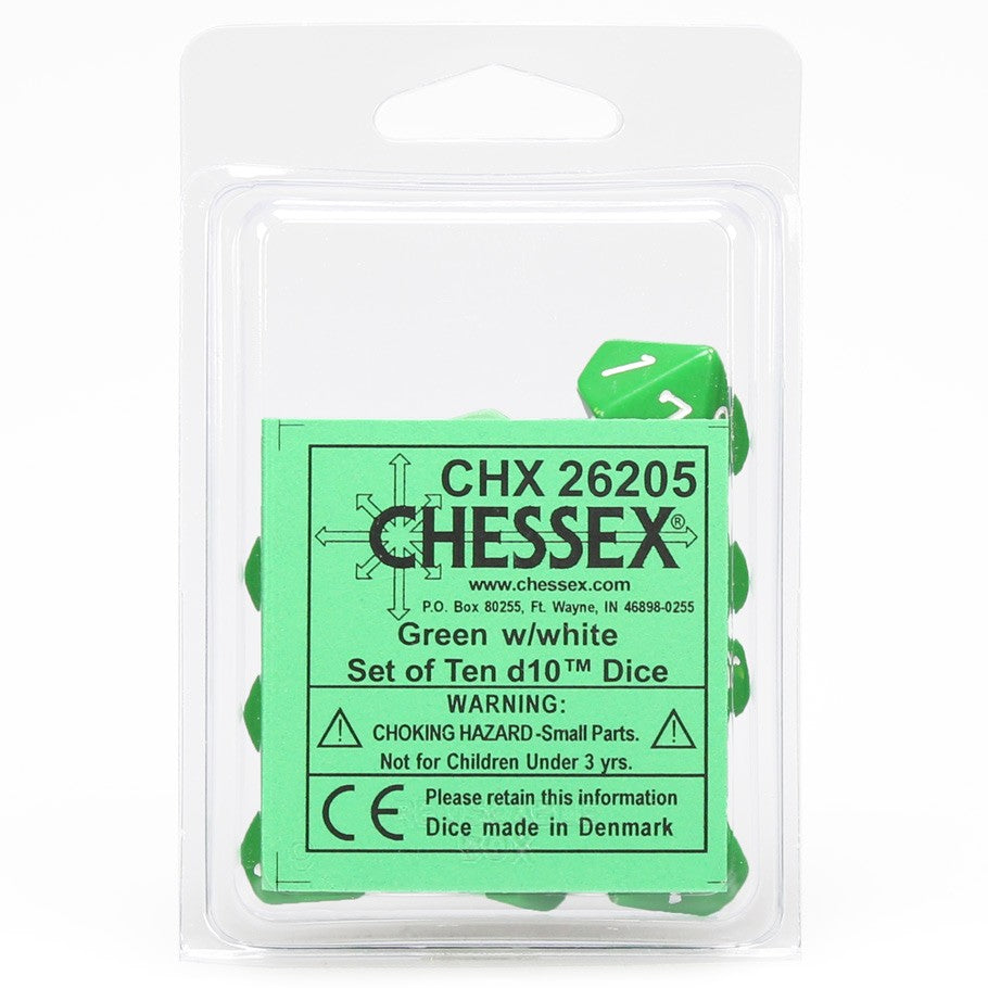 Chessex Green Opaque with Black Numbers d10 - Set of 10