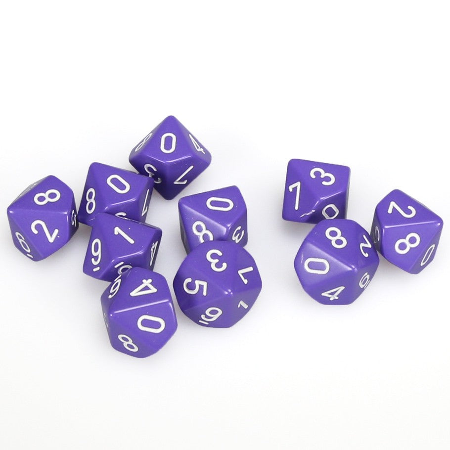 Chessex Purple Opaque with White Numbers d10 - Set of 10